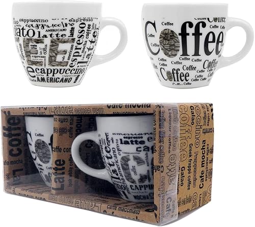 Juego de 2 tazas de café expreso (2.5 onzas) Juego de tazas de cerámica con distintivas frases vintage de café surtidas, en exclusivo juego de