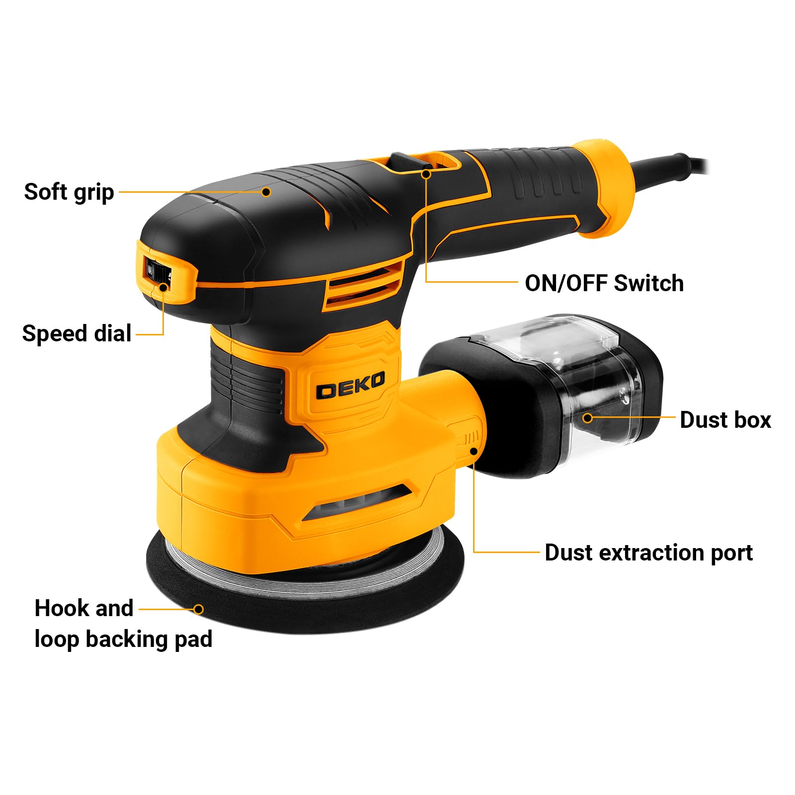 DEKOPRO 3-IN-1 Levigatrice Orbitale: Levigatrice Multifunzione 300W 13000RPM, con 15 fogli di carta vetrata, 6 velocità e accessori per il lavoro del legno