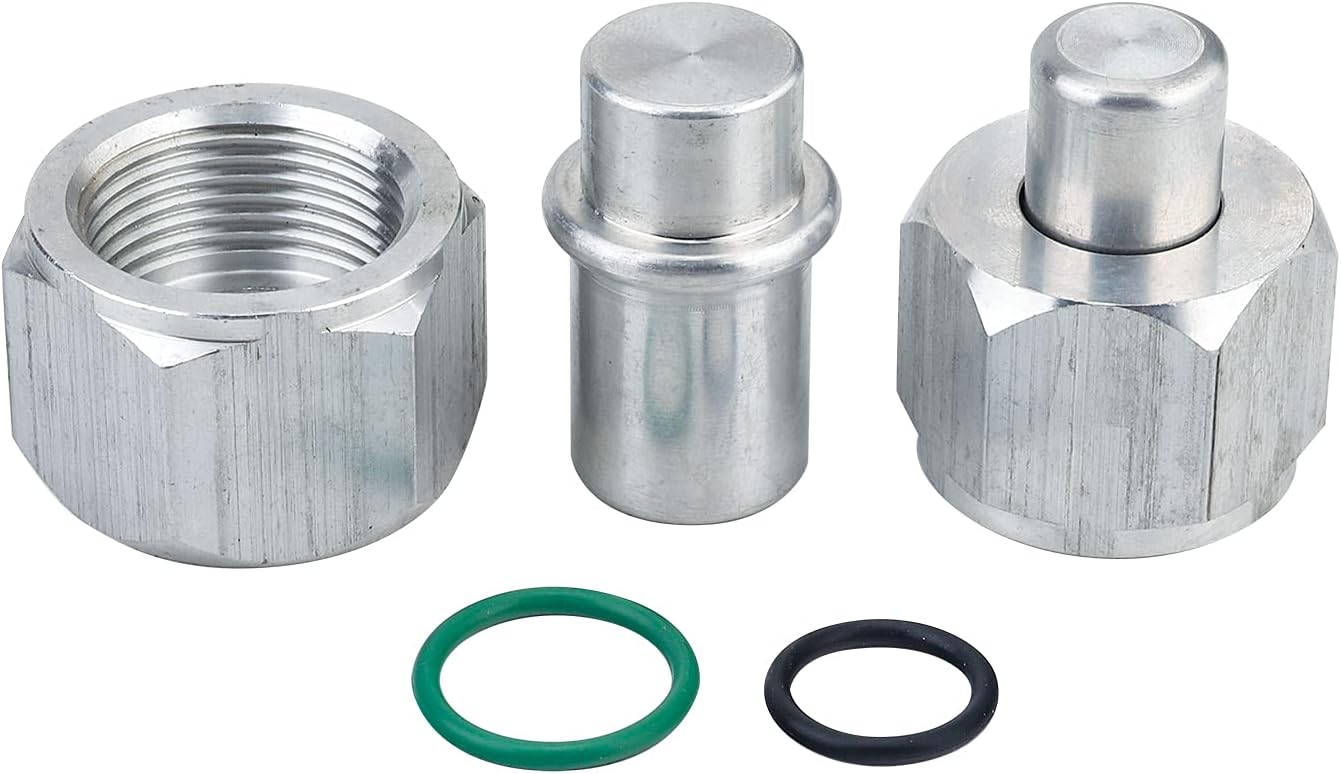 Detailed view of the 3mirrors Rear A/C Block Off Kit components, including two block-off fittings and two O-rings.