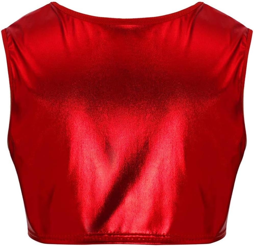 Kids Girls Shiny Dance Shirt Stage Performance Tank Tops Bronzing Clothing Mini Cami Ballet Workout