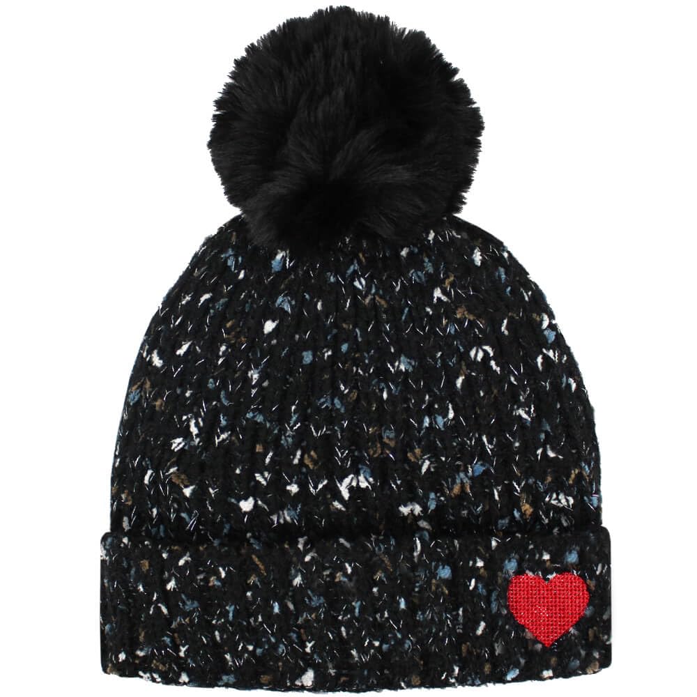 TeddyT's Women's Embroidered Heart Fleece Lined Glitter Fleck Thermal Bobble Hat (Black)