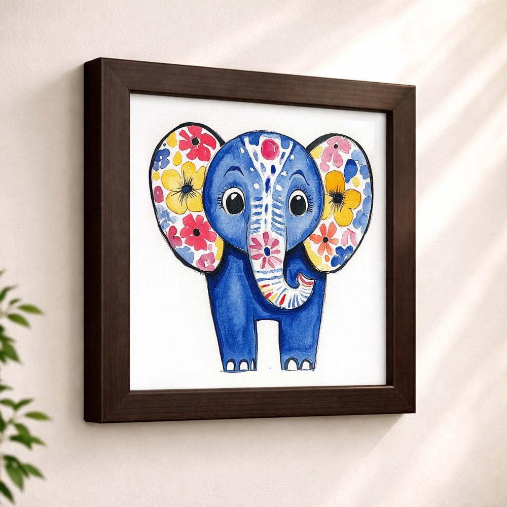 BLUE BLOOM ELEPHANT - PAPER PAJAMA - Cute Floral Elephant Kids Room Framed Wall Art Animal Illustration Nursery Decor Colorful Cartoon Painting for Bedroom Playroom - 9x9 Inches 4
