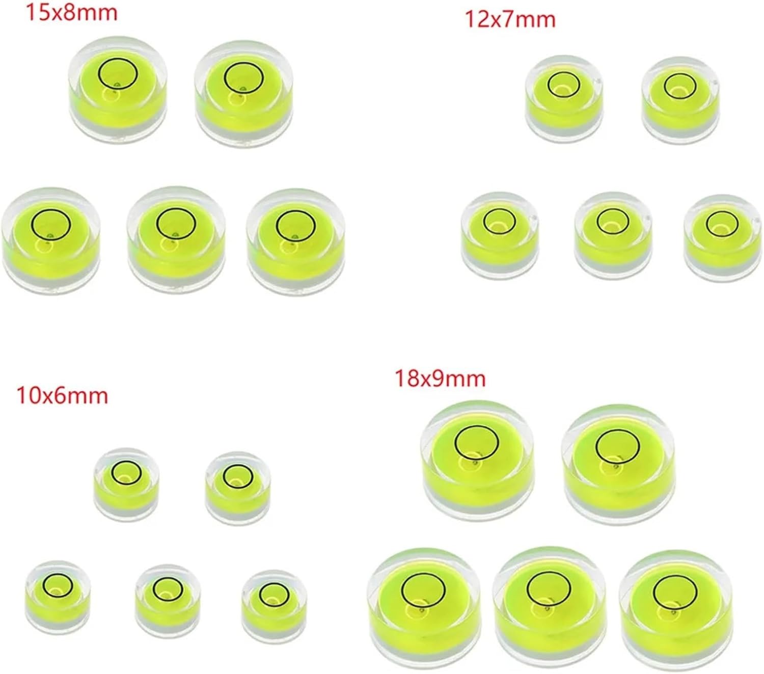 5Pcs Set Mini Bubble Levels Multipurpose Round Level Measurement Instrument 10mm*6mm/12mm*7mm/15mm*8mm/18mm*9mm(D(18x9mm))