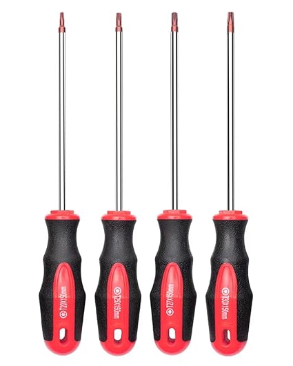 ROTATION 4PCS Magnetic Tip Torx Screwdriver Set, 4 Torx Star Screwdrivers, T20, T25, T27, T30, Red Tip | Red, Gloss, S2 Steel