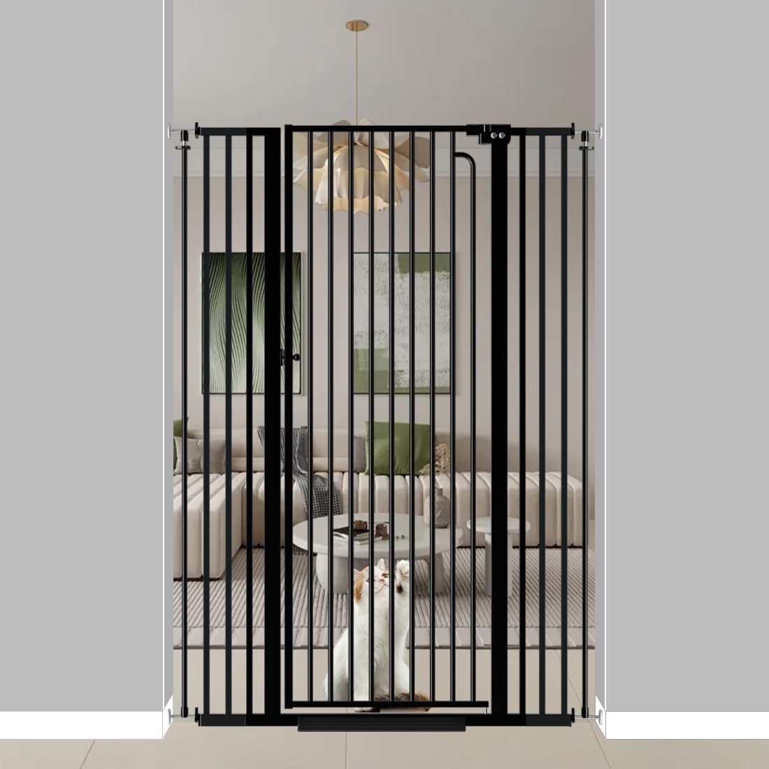 Qonimm 57" Extra Tall Pet Gate for Cats Dogs-29.5"-43.3" Extra Wide Cat Gate for Doorways and Stairs-1.37" Ultra Narrow Spacing Pressure Mounted Dog