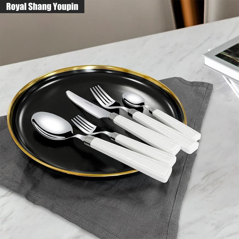 Modello in Pelle ABS Maniglia Da Cucina Acciaio Inossidabile Posate Stoviglie Posate Set Di Posate Coltello Da Bistecca Forchetta Cucchiaio Cucchiaino (Marrone,20 pezzi)