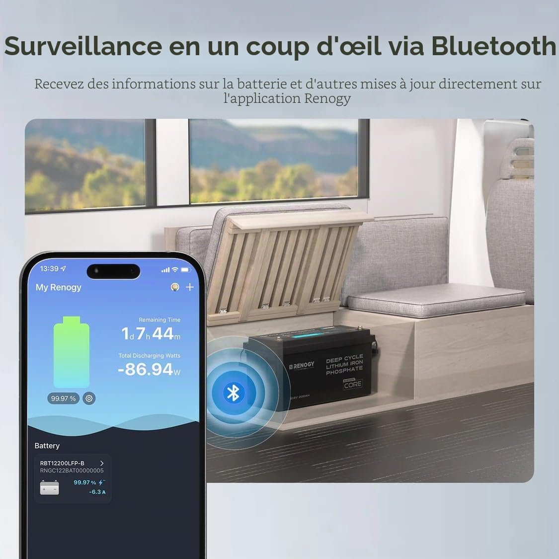 Renogy 12 V 200 Ah LiFePO4 Mini Batterie au Lithium, avec Bluetooth 200ABMS Protection complète pendant plus de 5000 décharges profondes, Batterie solaire 12 V, Parfaite pour les camping-cars marins