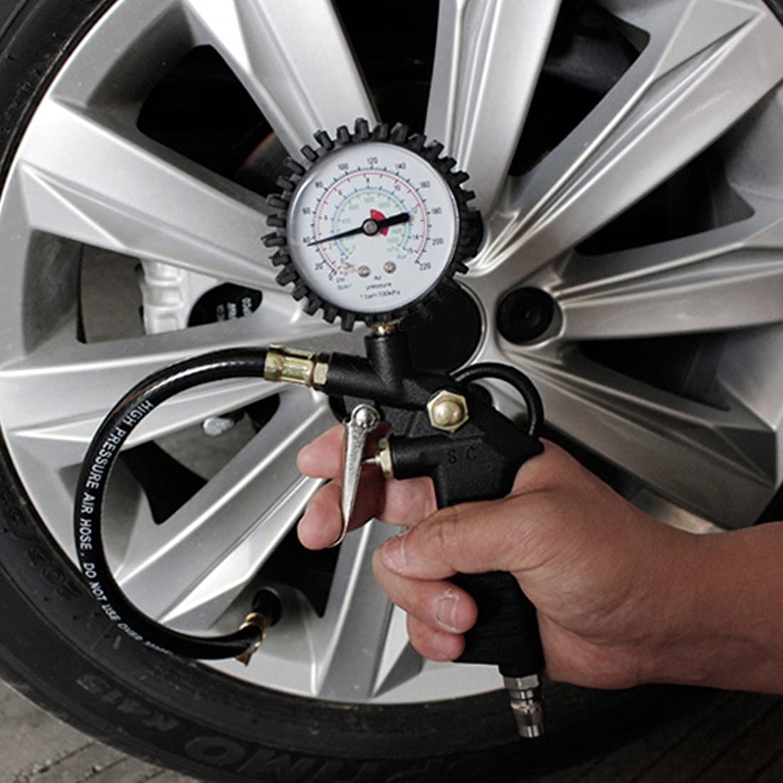 Manometr Manometr do opon samochodowych Miernik tarczowy Pistolet do pompowania pojazdu Samoblokujący uchwyt Inflator kompatybilny z Auto (zakres ciśnienia: wyświetlacz cyfrowy) (wyświetlacz cyfrowy