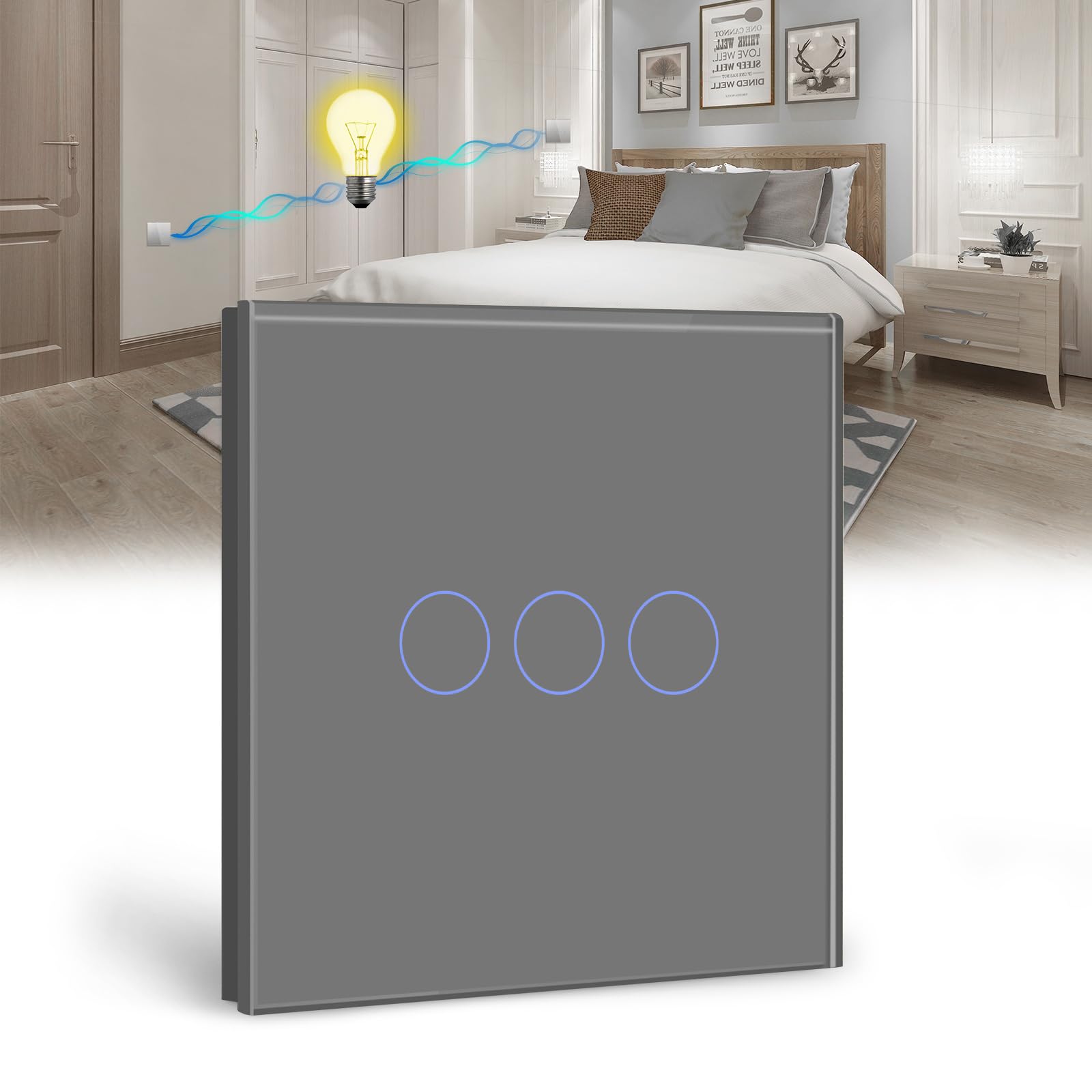 BSEED Touch Light Switch 3 Gang 2 Way, Tempered Glass Panel Light Switches with LED Indicator 86mm Grey Touch Sensitive Light Switch-No Neutral Wire — image 1
