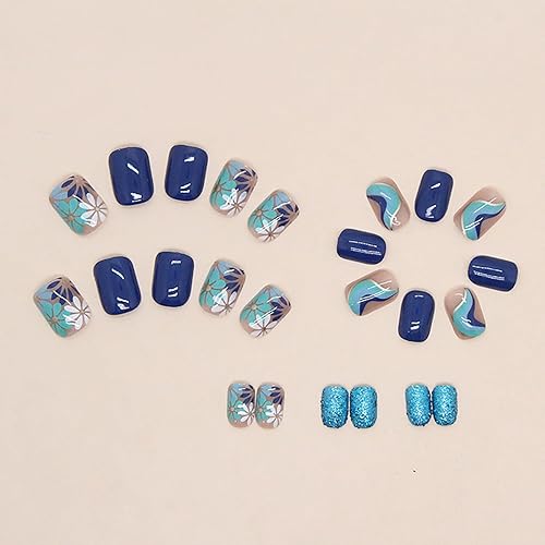 Miniatura 3 de Uñas postizas cuadradas cortas acrílicas azules falsas con diseños de rayas de flores, purpurina artificial, cubierta completa, pegamento en barra
