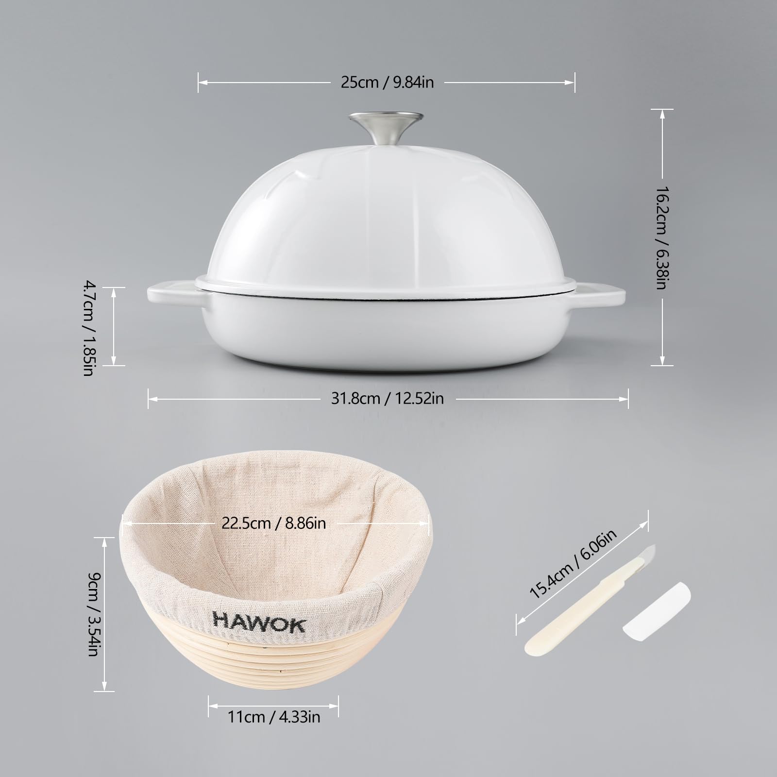 HAWOK Horno de pan de hierro fundido esmaltado DIA.10" con cesta para hacer pan blanco
