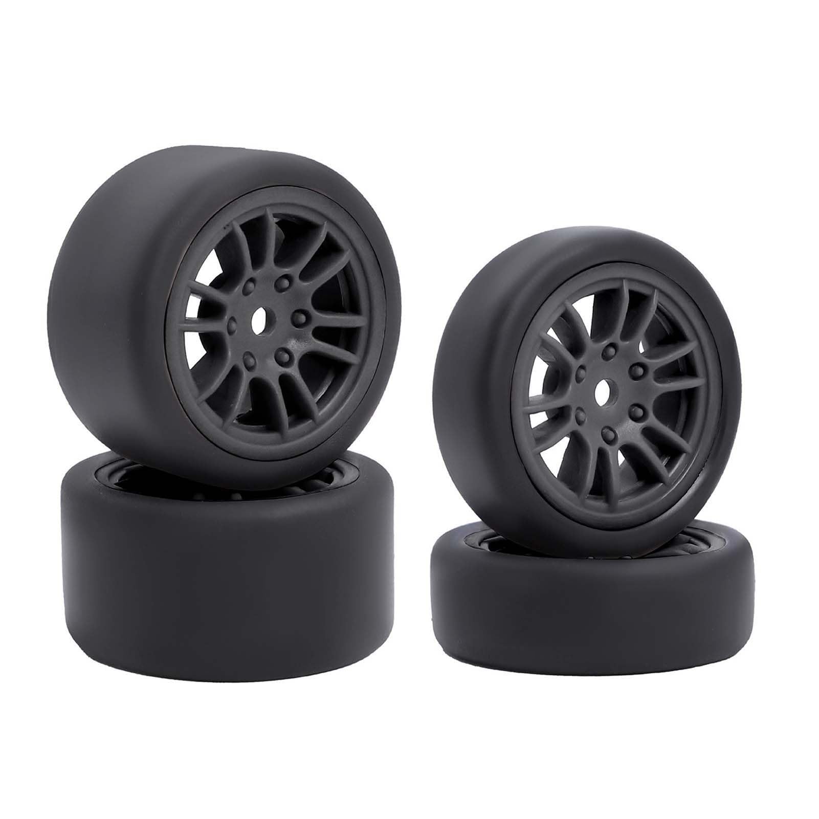 LAFEINA 4PCS Pre-Glued Rubber Slick Tires and Wheels Set for 1/24 Losi Micro-B Parts (12-Spoke, Black)