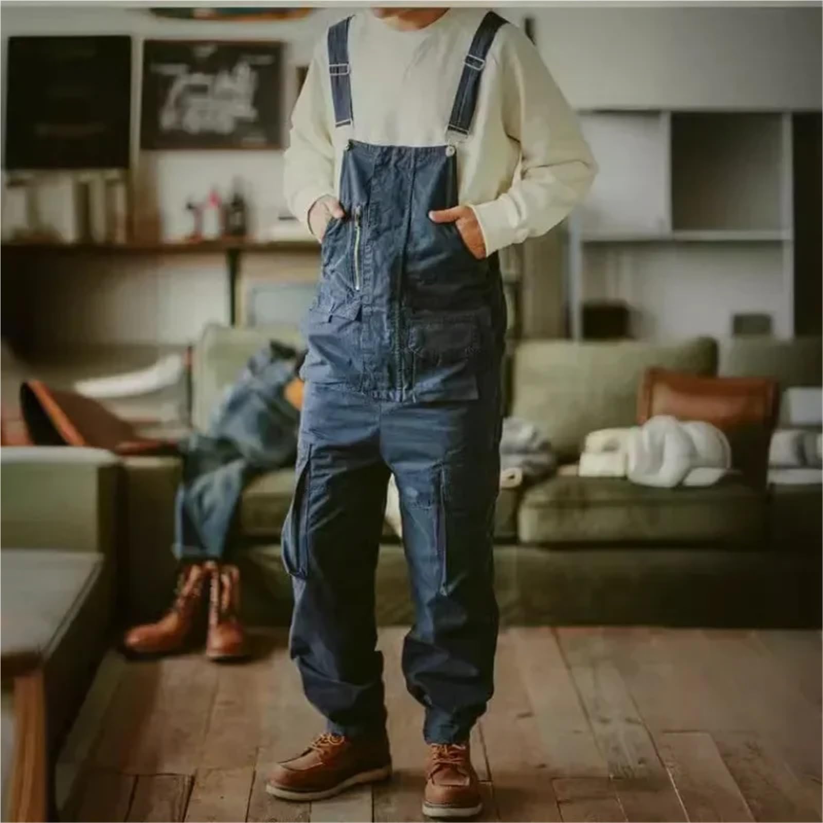 Salopette Uomo Jeans Tuta da Lavoro Multitasche con Tubo Dritto, Pantaloni Uomo Bretelle(Blue,XXXL)