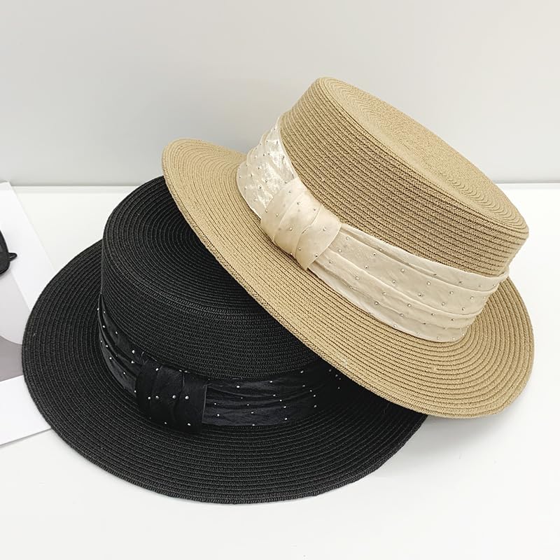 Sombrero de Paja de ala Ancha y Plana para Mujer,Sombrero de Playa con Tul y Diamantes de Imitación,Suave,Ligero y Transpirable