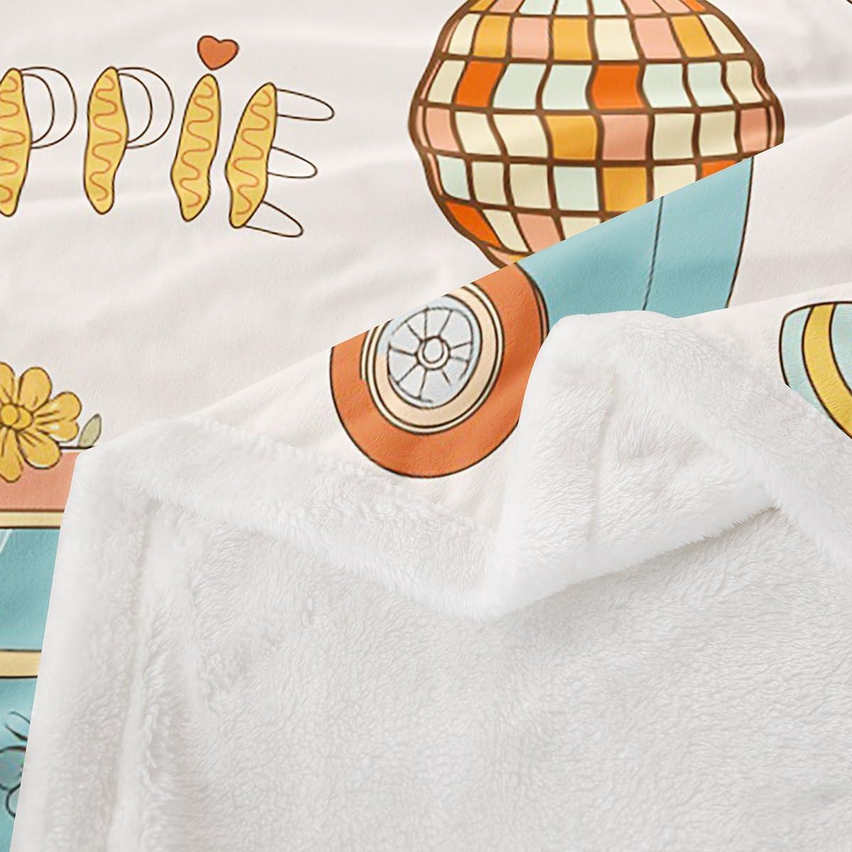 Kids 70s & 60s Retro Disco Groovy Pastel Rainbow Fleece Sherpa Blanket Throw for Boys & Girls - Hippie Mushroom Pattern - Cute Bus Car Theme - Sofa Room Decor