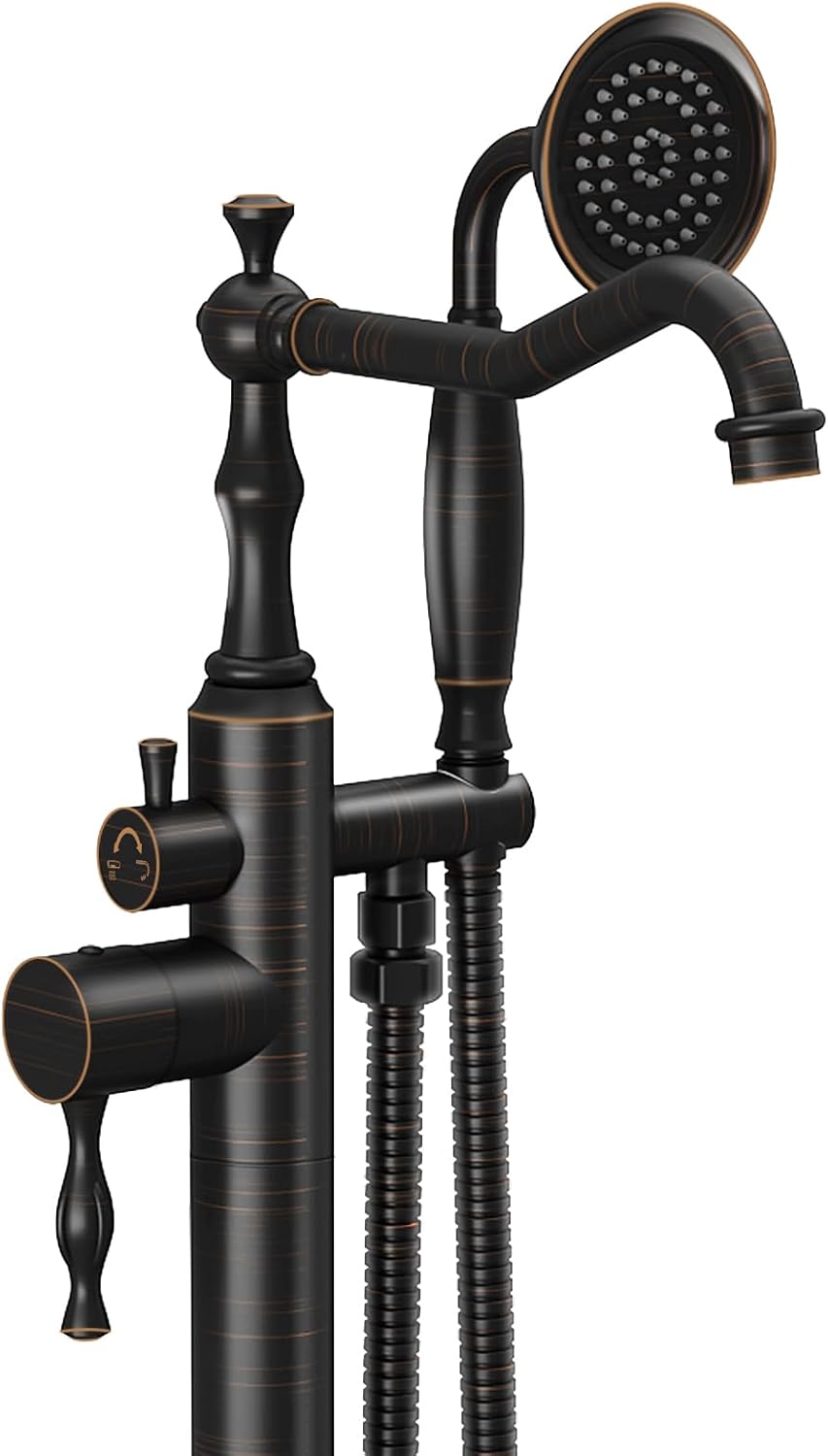 Oil Rubbed Bronze Standing Bathtub Faucet Freestanding Tub Filler High Pressure Single Handle Bathtub Filler Floor Mounted Brass Bathroom Stand Tub Faucets with Handheld Shower