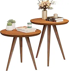 Mesa de Canto e Apoio Redonda Pés Palito em Madeira Modelo Retro Decorativa Star Freijó