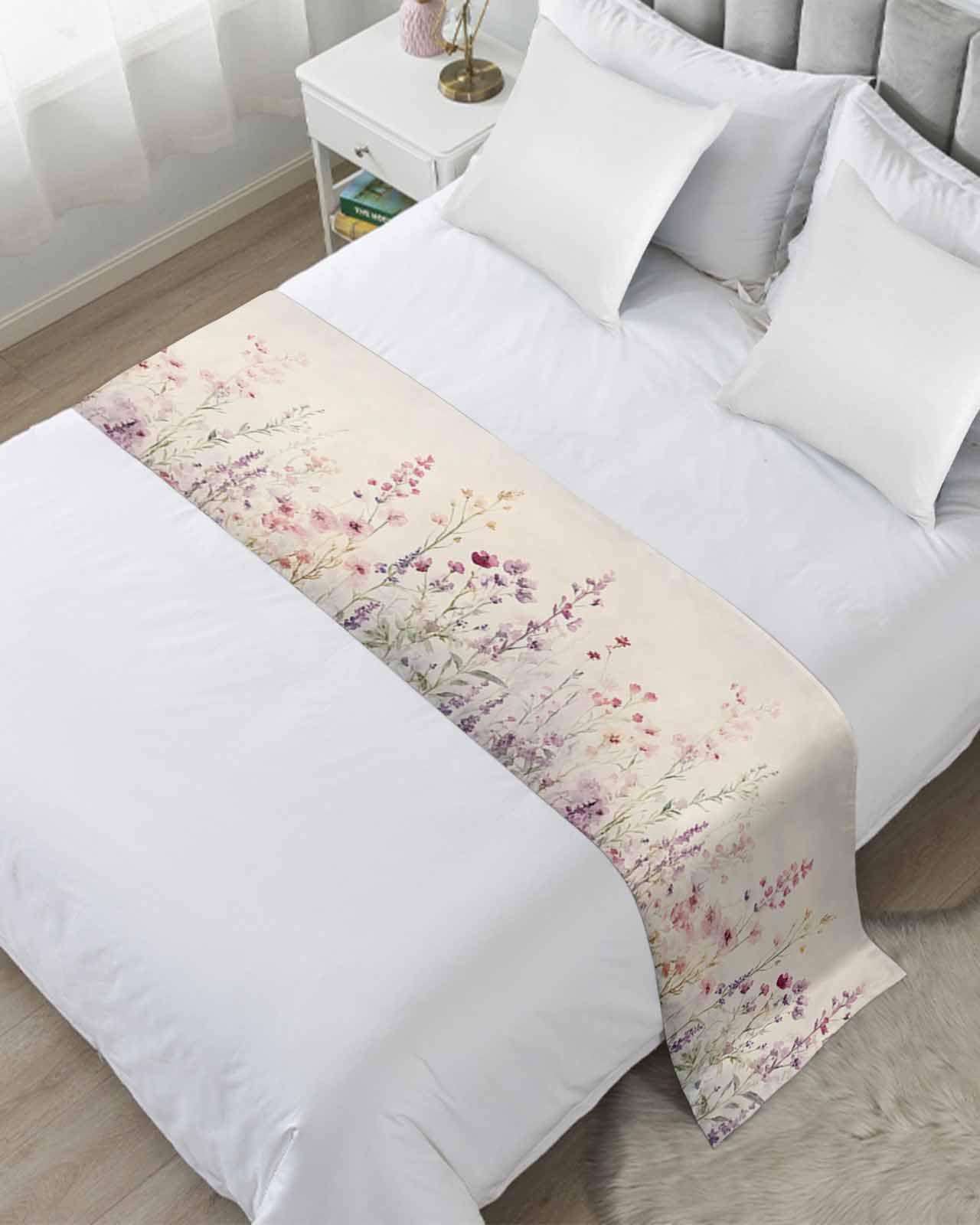 Watercolor Floral Bed Runner for King Size, Farmhouse Flowers Retro Bedspread Protector Slipcover Bed Scarf for Foot Runners & Scarves for Bedroom Hotel Wedding Room 102x20 Inches