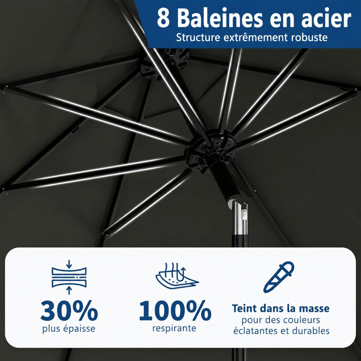 Parasol de Jardin 2,7 m Étanche UV50+, Manivelle, Inclinaison, Gris