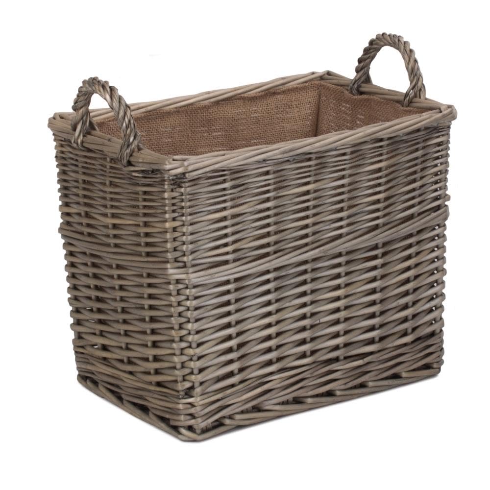 Wicker Log Storage Basket - Rectangular - Hessian Lined - Brown - Red Hamper