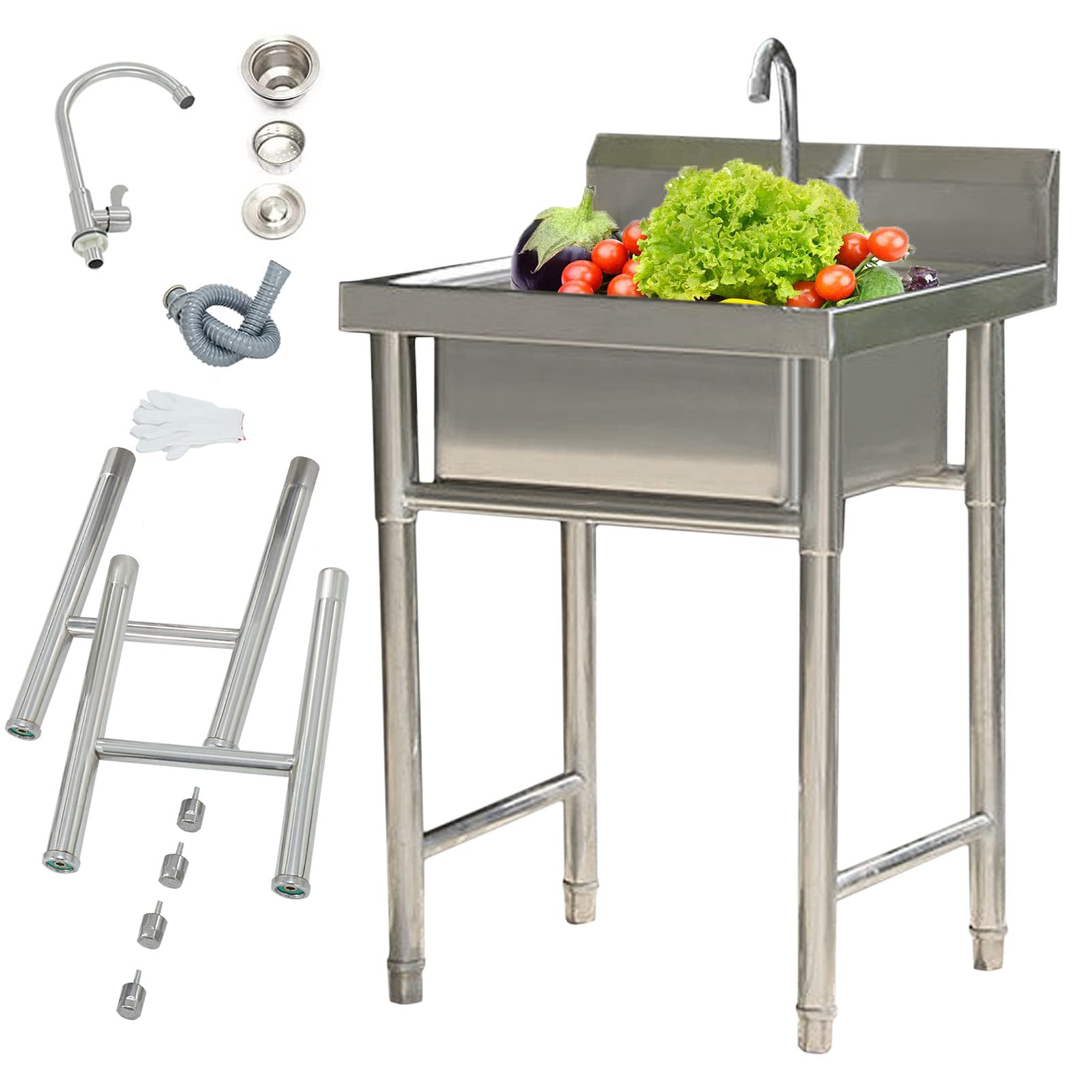 ZQFHSX Steel Kitchen Sink, Utility Sink Laundry Tub with Faucet, Freestanding Single Bowl Sinks Commercial for Workstation, Outdoor Kitchen, or Bar