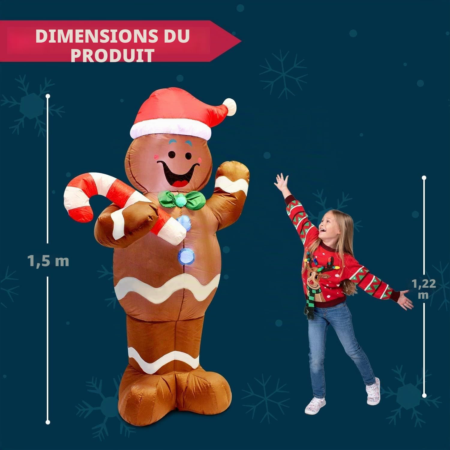 Joiedomi Décoration de Jardin Gonflable en Pain d'épices de Noël, 1,5 m, éclairage LED, Bonhomme en Pain d'épices Auto-Gonflable avec Sucre d'orge, Parfait pour fête de Noël, intérieur ou extérieur,