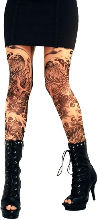 Wild Rose Womens Dragon Tattoo Mesh Leggings Irezumi Blackwork, Tan