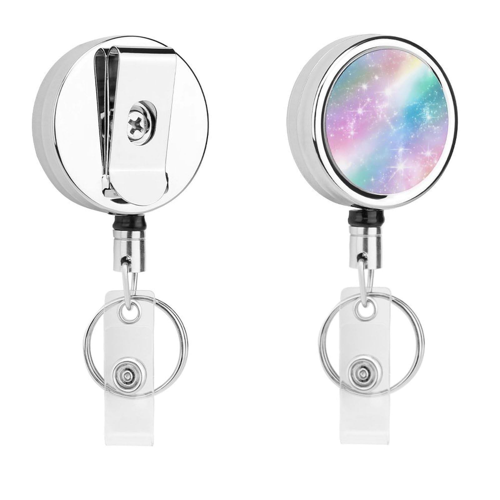 Rainbow Starry Sky Blue Purple Retractable Badge Holder Metal ID Name Holder Key Ring with Belt Clip
