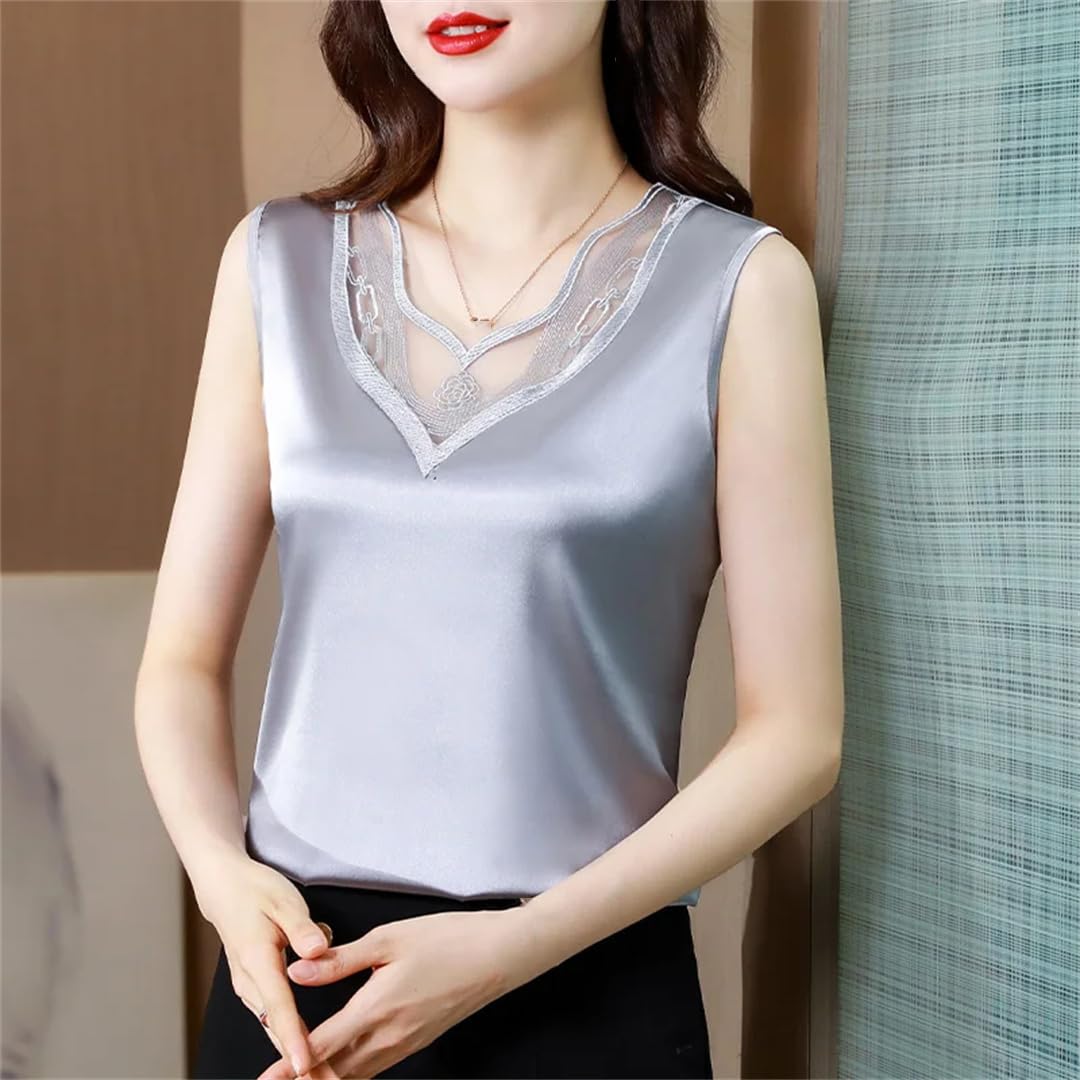Camicette da donna in seta con pizzo floreale senza maniche allentate top casual