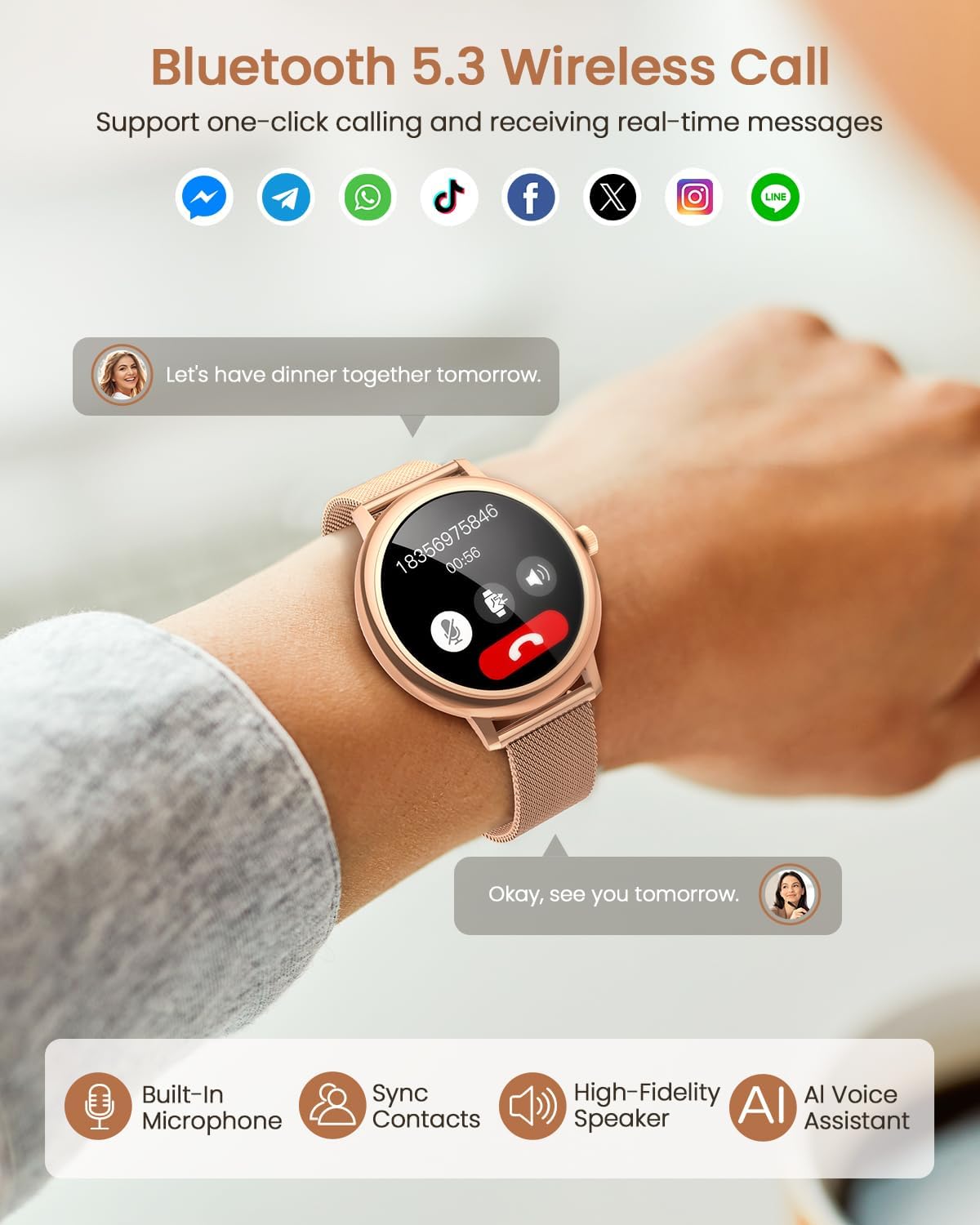 RUXINGX Reloj Inteligente Mujer, Redondo Elegante 1.19″ AMOLED Pantalla Táctil, Smartwatch con Llamadas, Función Femenina, 120+ Deportes Pulsómetro SpO2 Sueño Podómetro Android iOS Regalo Navidad Oro 7