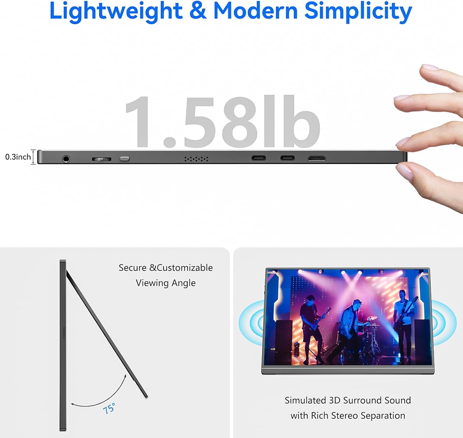 Veout 16" Portable Monitor, 1920×1200P 2K IPS Portable Laptop Monitor with USB-C, HDMI Gaming Monitor with Kickstand, 0.3" Ultra-Slim Portable Laptop Screen with 106% sRGB & Low-Blue-Light