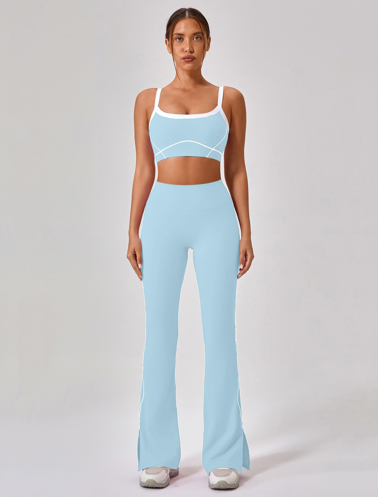 IDOPIP Set sportivo da donna in due pezzi: colore a contrasto, con reggiseno imbottito a compressione e pantaloni con spacco, per yoga, fitness, pilates, allenamento