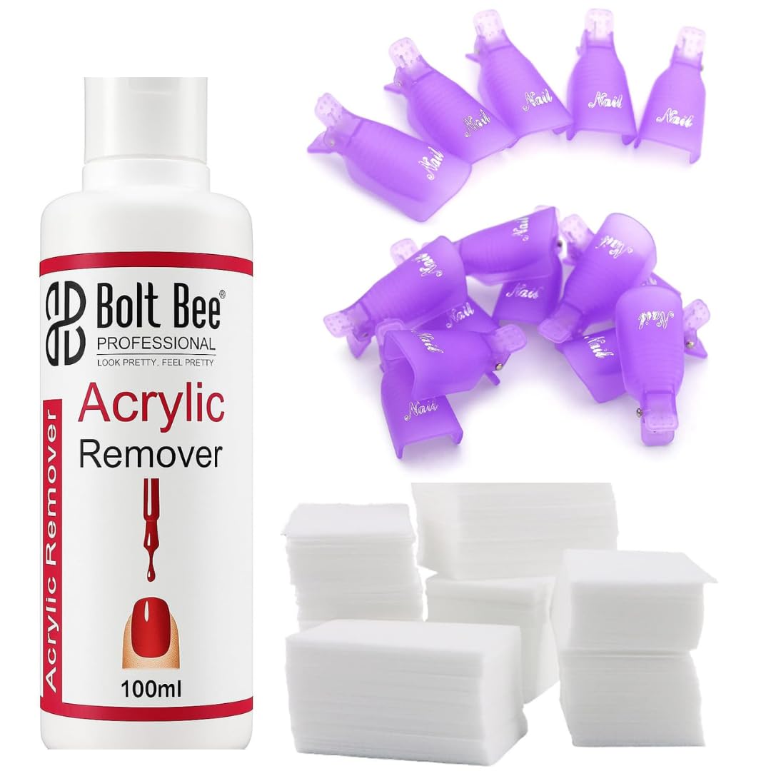 BOLTBEE Acrylic Nail Art Remover Kit, 100ML Acrylic Remover, 1000pc Ling Free Wips, 10Pcs Plastic Nail Art Soak Off Cap Clip UV Gel Polish Remover Wrap Tool
