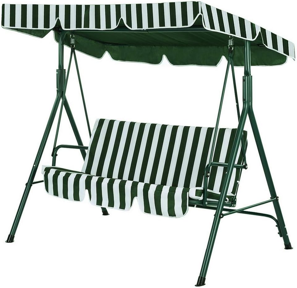 SUNMER Swing 3 Seater With Detachable Canopy - Garden Swing |Cushioned Seat | Made With Strong Powder Coated Steel Frame | Green And Cream Striped