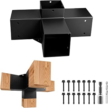 1Pack Pegola Bracket Kits 4"x4" Inner Size3.68"x3.68" ,4-Way Right Angled Corner Woodwork Brackets for Post to Beam Support,13GA Heavy Duty DIY Post Bracket for Decks,Porchs,Cabins