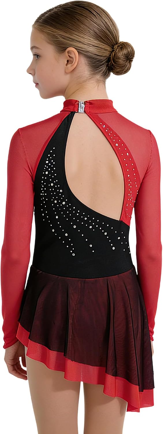 Agoky Kids Girls Figure Ice Skating Dress Rhinestone Rhythmic Gymnastics Skirted Leotard for Dance Competition
