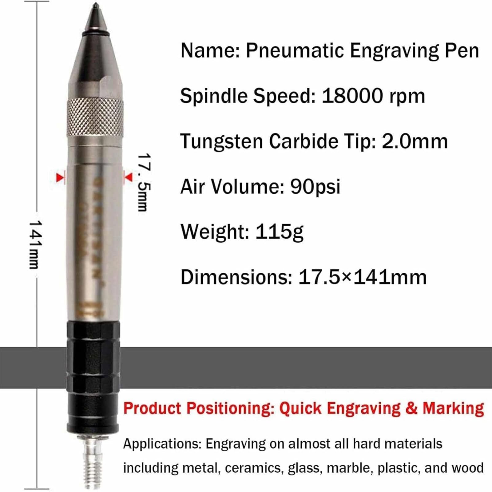 Lápiz de grabado neumático con punta de carburo de tungsteno de 2,0 mm | Herramienta de grabado neumático para metal, presión de entrada de 90 psi, velocidad de 18 000 rpm, para metal, vidrio
