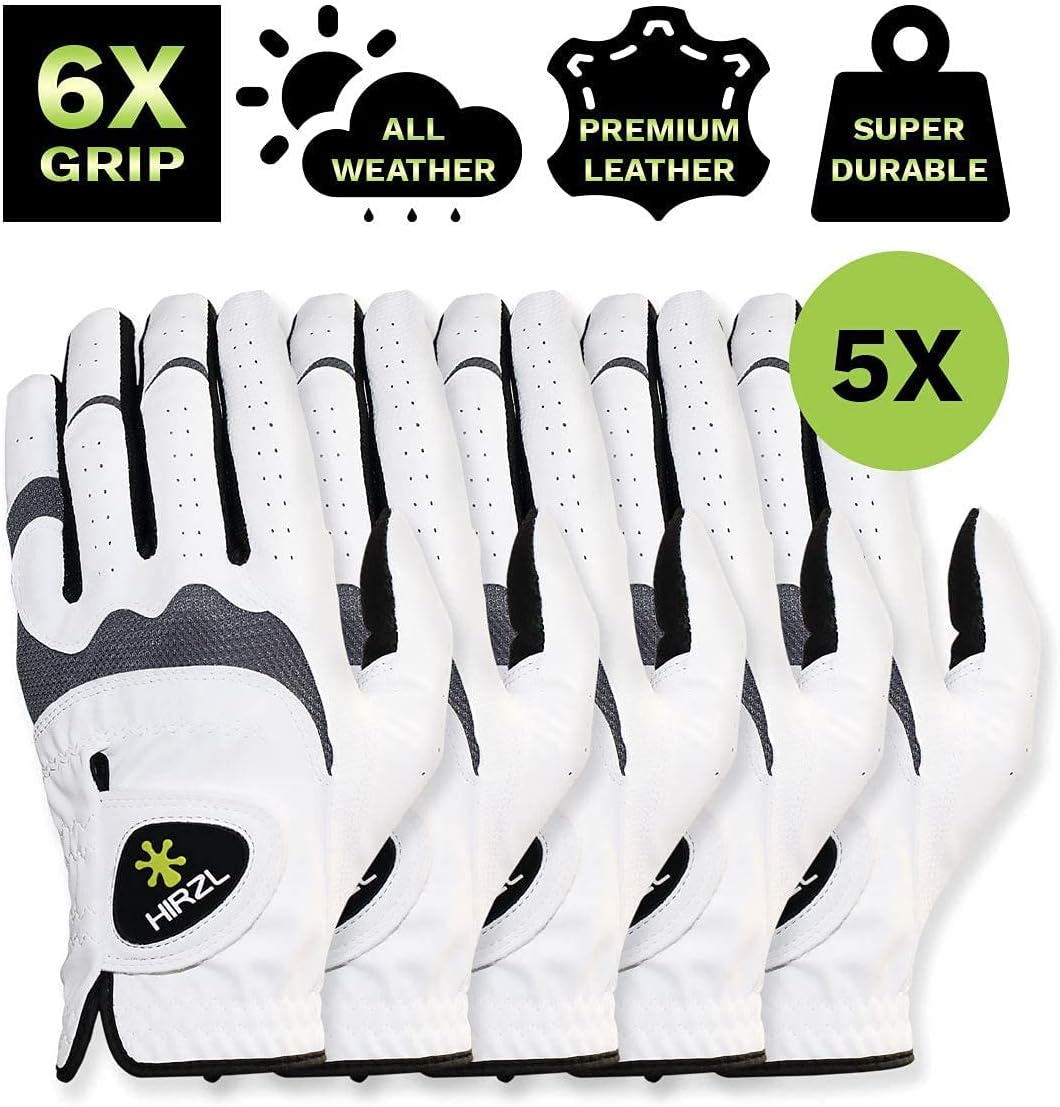 HIRZL Trust Hybrid – Men’s All Weather Golf Glove | Kangaroo Leather | Ultimate Grip and Ergonomic Fit, White/Black (Pack of 5)