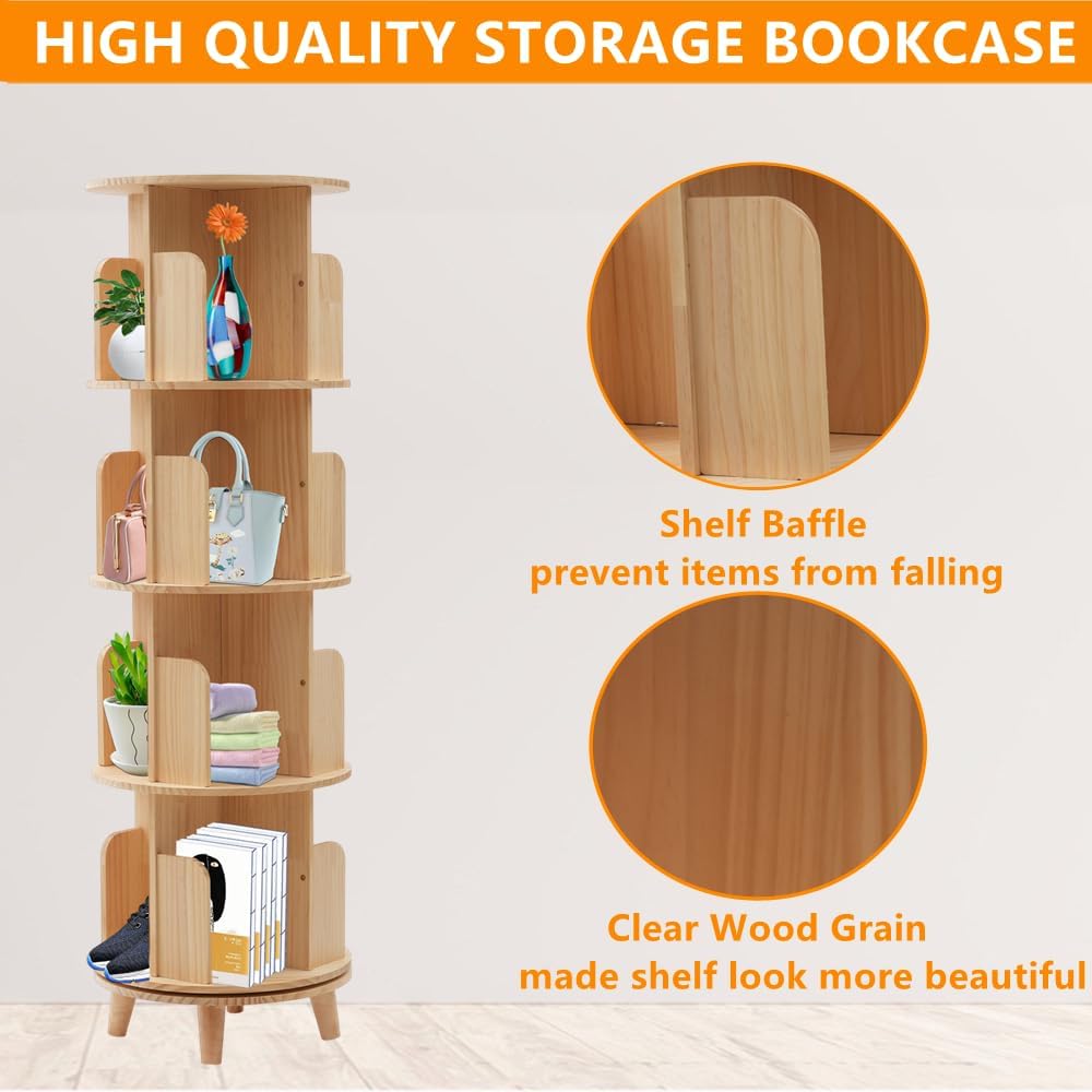 Gdrasuya10 4 Tier Wooden Rotating Bookshelf 360 Display Floor FreeStanding Bookcase Book Storage Rotating Rack Multi-Functional Bookshelf Organizer for Adults Study Room Living Room