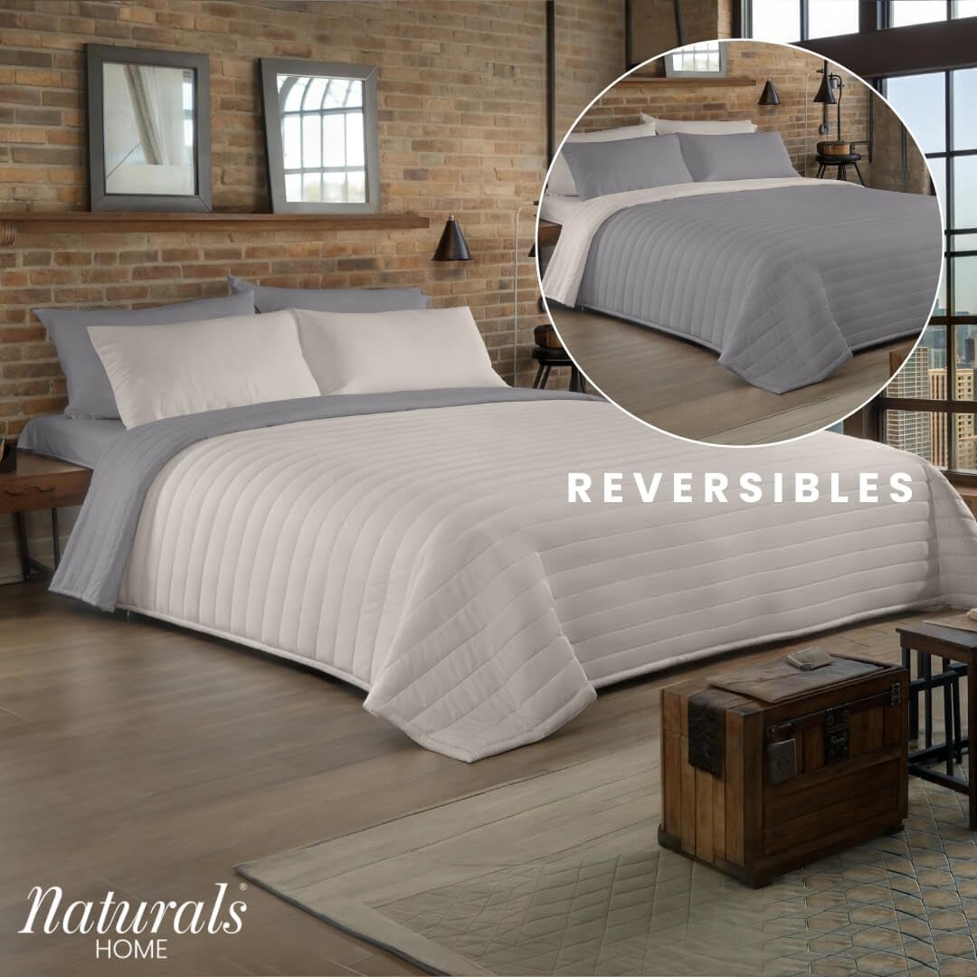 NATURALS - Colcha Bouti Reversible Bicolor | Cama 180 (270x260 cm) | Microfibra Extrasuave | Cubrecama Acolchado a Líneas | Ideal Primavera y Verano | Gris/Piedra