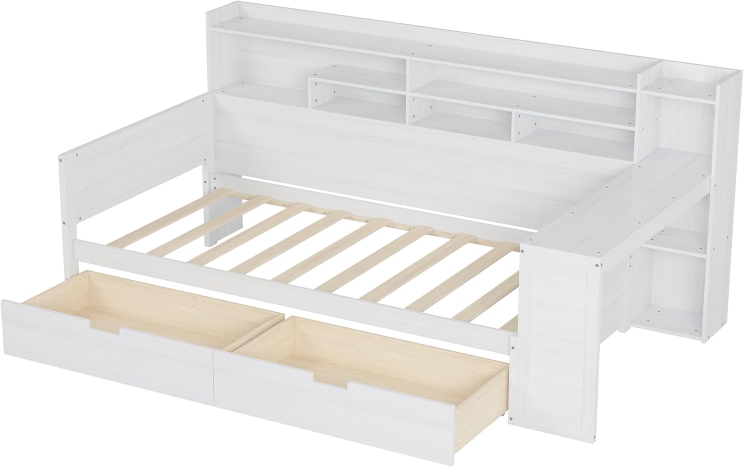 Merax Twin Size Wooden Daybed, with Storage Shelves + Two Storage Drawers + Study Desk, Multi-Functional Bed for Bedroom Space-Saving