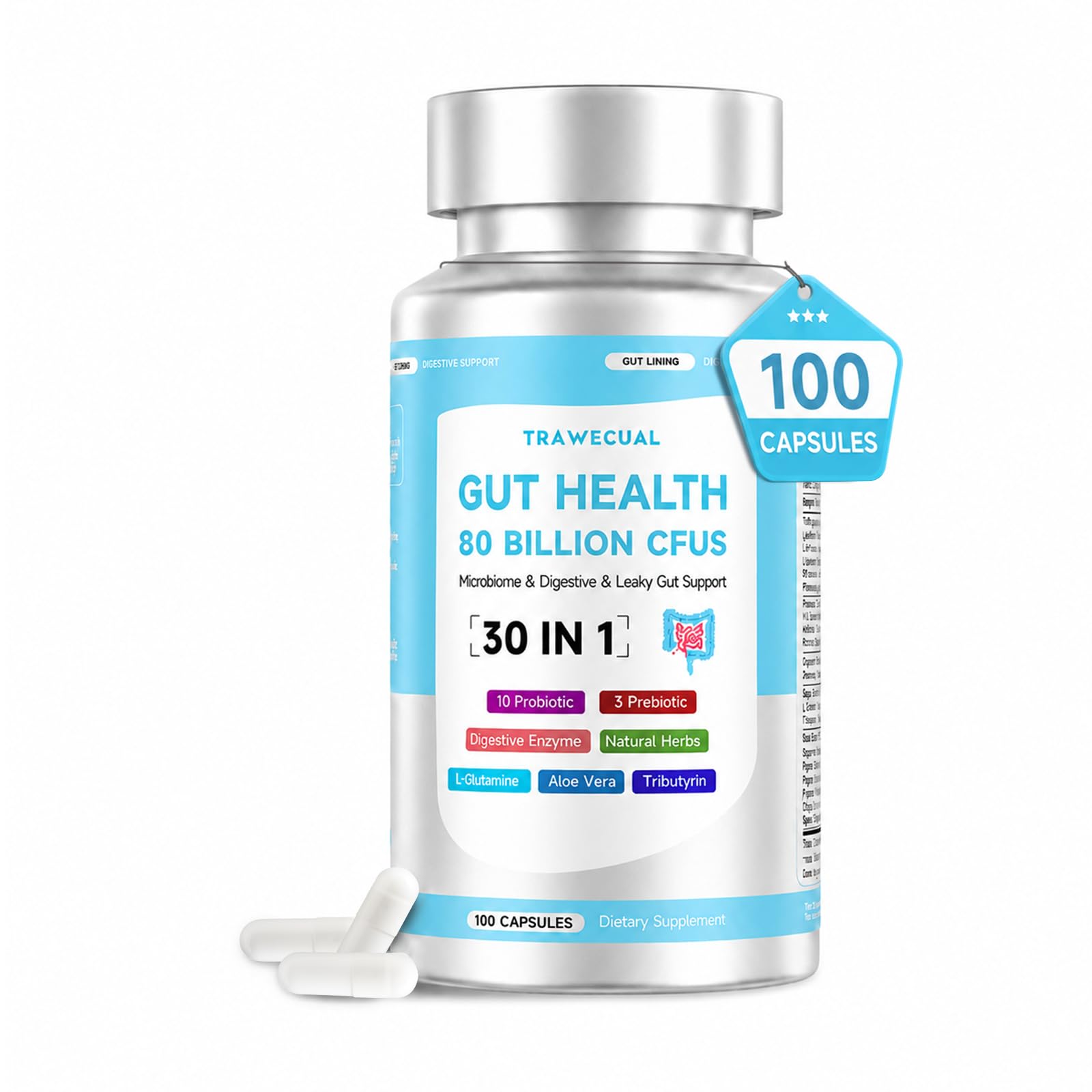 Trawecual Suplemento prebiótico com probióticos, enzimas digestivas e L-glutamina, 80 bilhões de UFC, 100 cápsulas