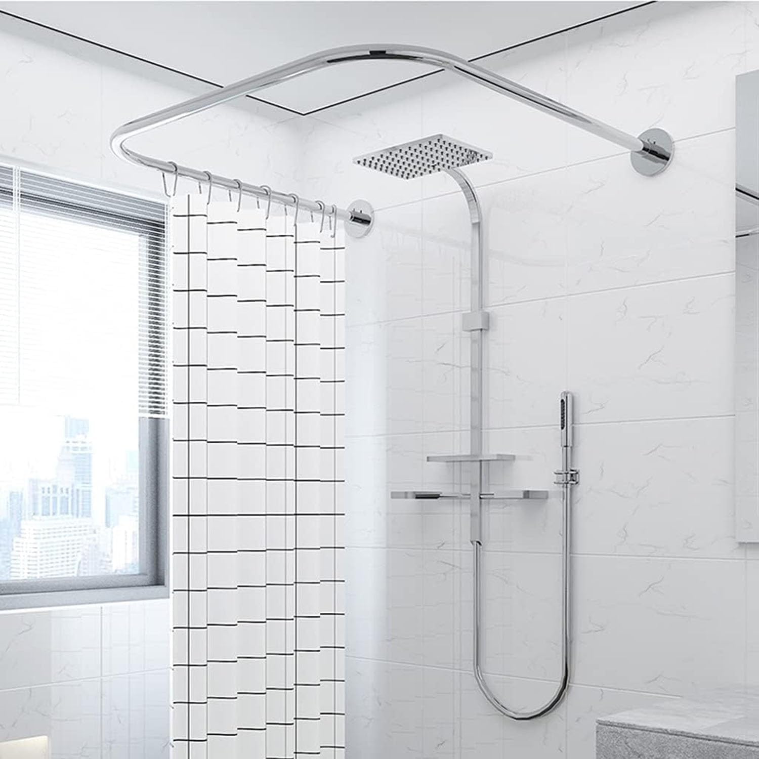 Asta Tenda Doccia Per Vasca Da Bagno Senza Forare, Bastone Per Tenda Da Doccia A U Regolabile In Acciaio Inox, Bastone Doccia Angolare, Per Bagno Camerin(Size:A 70-95cm * 90cm * 70-95cm,Color:Argento)
