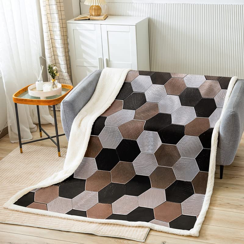 Loussiesd Coperta geometrica a nido d'ape, in pile, per letto, divano, alveare e alveare, colore marrone, nero, grigio, esagonale, sfocato, 100 x 120 cm