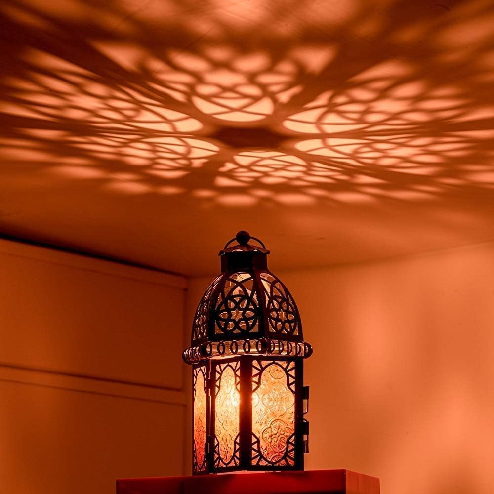 DECORKEY Set of 2 Vintage Large Decorative Moroccan Candle Lantern, 12.8’’ Metal Hanging&Tabletop Lantern Candle Holder Decor, Christmas Decorations Indoor Outdoor Patio (Amber) Ramadan Decorations