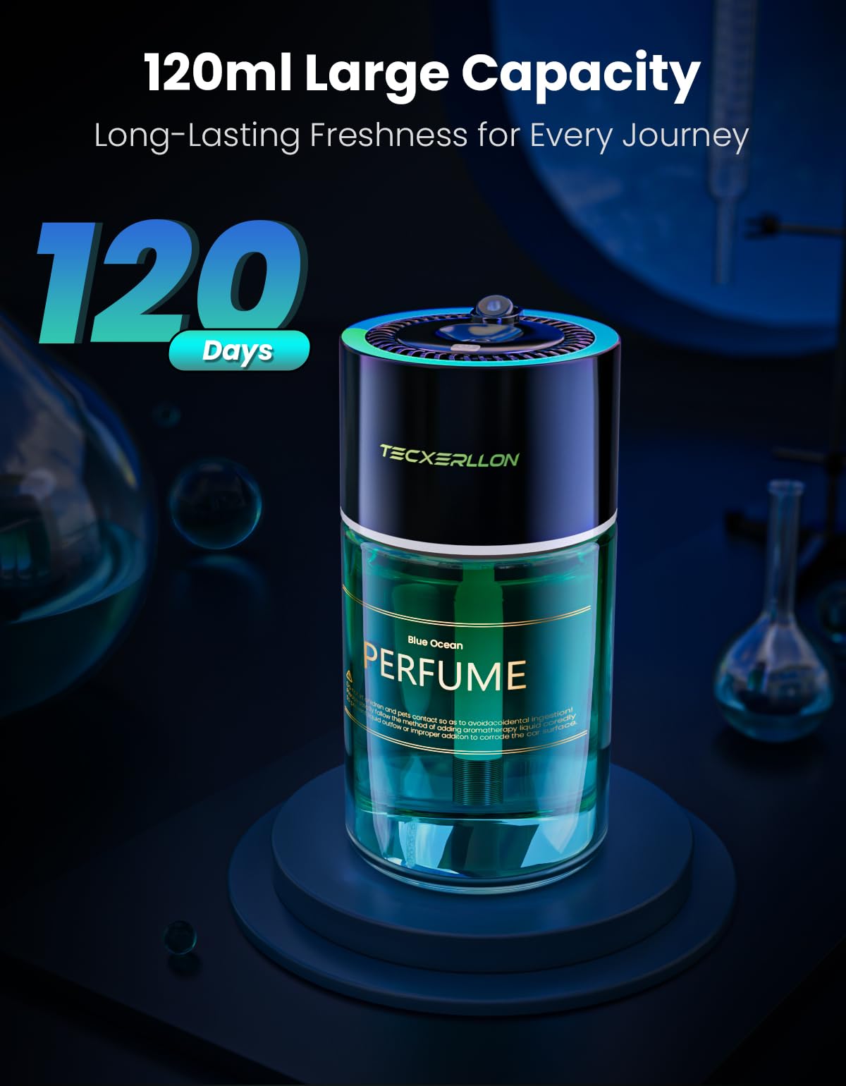 TECXERLLON Diffuseur d'Air Voiture, Lumière Ambiante Étoilée RVB, 4 Modes Parfum, 120 Jours Autonomie, Charge USB-C Rapide, Marche/Arrêt Auto, Parfum Océan, 120ml
