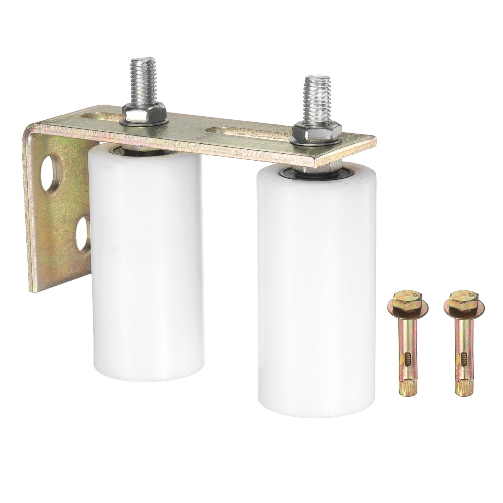 sourcing map 1 Set Slide Gate Guide Roller, 100mm L-Rear Post Bracket Nylon Rollers Gate, Adjustable Sliding Hardware Roller Kit for Sliding Grates Barn Rolling Door 50mm Dia, White