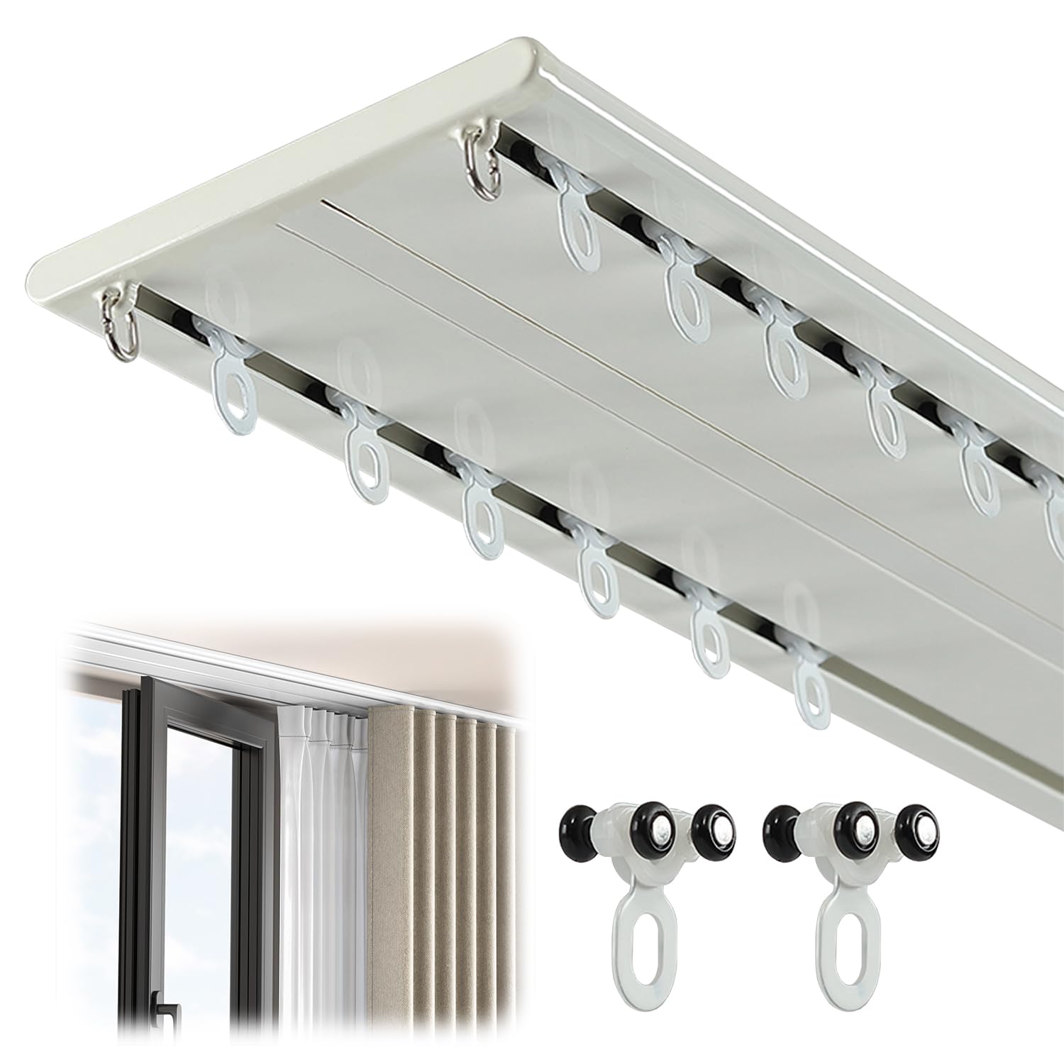Double Row Curtain Track Silent Heavy Duty Drop Ceiling Curtain Track, Aluminum Alloy Ceiling Drape Track Set, for Living Room Bedroom Hospital Easy Install, White,2.2m(7.2ft)