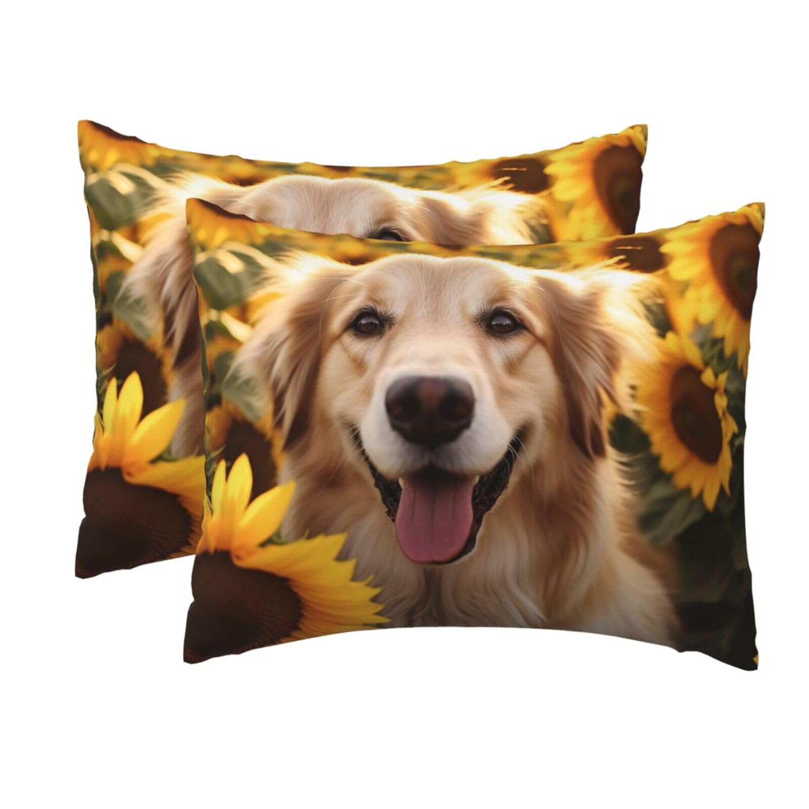 2 Pack Standard Pillow Cases with Hidden Zipper, Soft Breathable Pillow Covers for Hair and Skin, Dog and Sunflower Pillowcases 20"x26" Bed Pillow Protectors Cover for Sleeping Gifts