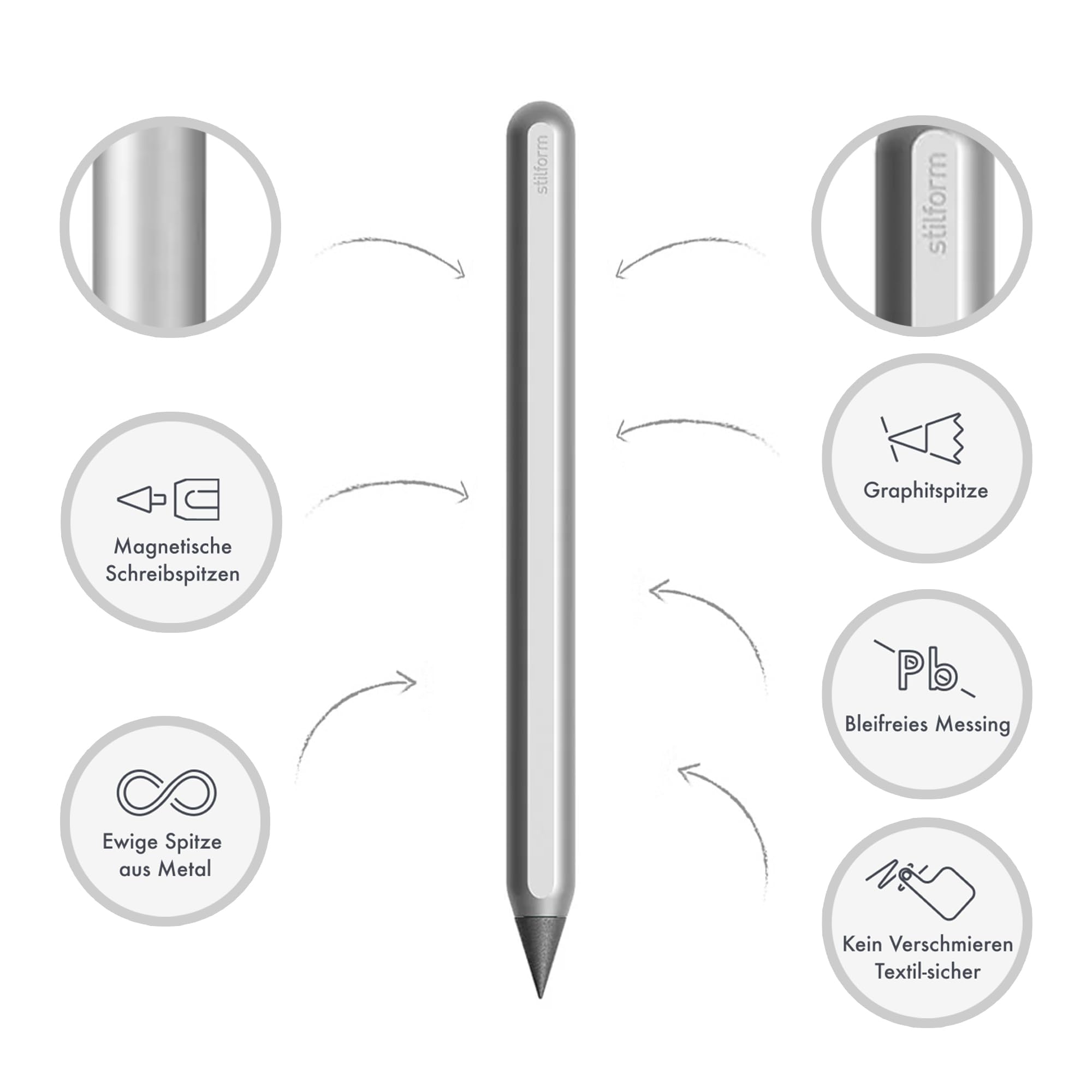 200355 AEON Pure Pencil aus Aluminium - Bleistift mit magnetischer Graphit-Spitze HB zum Wechseln - Comet Grey